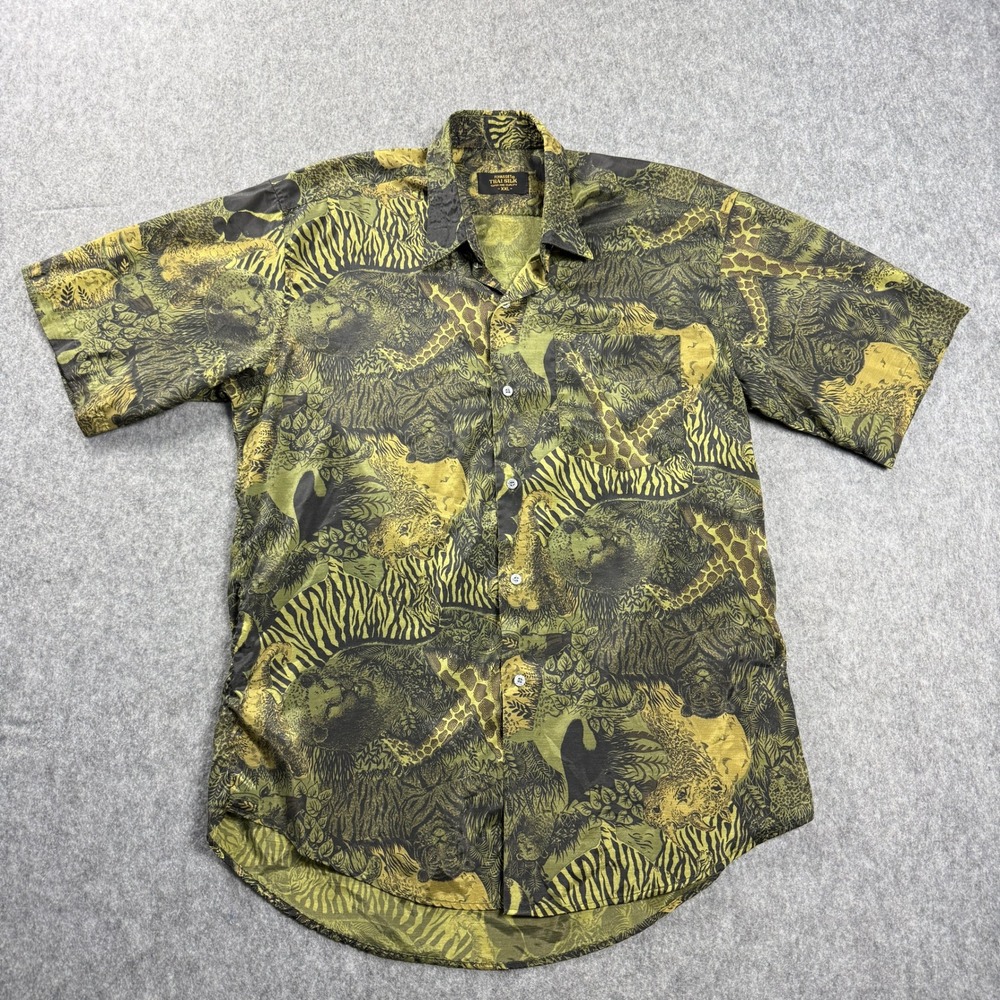 Thai Silk Mens Shirt XXL Flyasset Safari Animal Print Short Sleeve Button Down